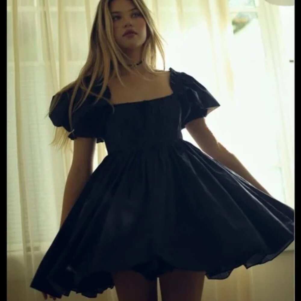 Selkie Beach Day Puff Sleeve Empire Cotton Mini Dress in Adorable Black Eyelet S